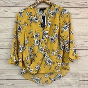 BCX Floral Bell Sleeve Wrap Blouse, Yellow